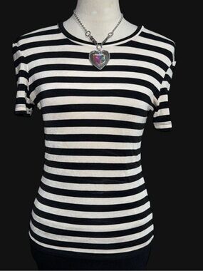 BCBG Black and White Striped Short Sleeve Tee